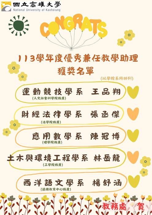 【優秀TA】公告本校113學年度優秀TA名單圖片